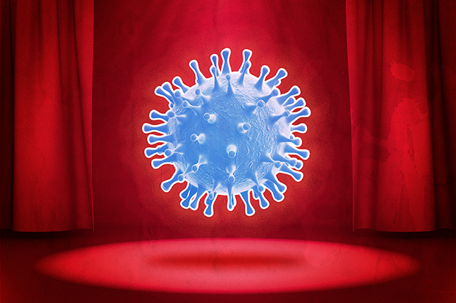 a blue covid virus cell on a red curtain stage background