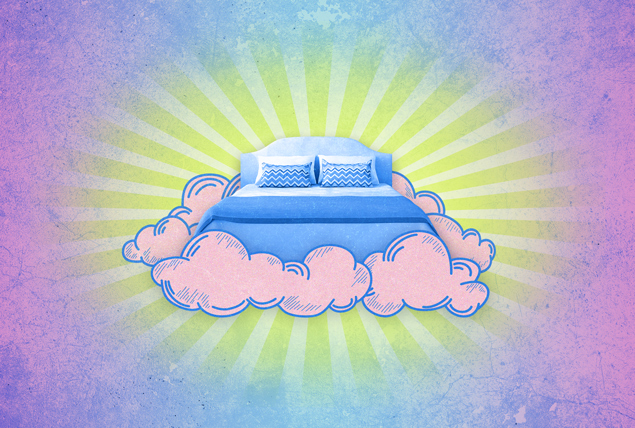 light blue bed surrounded by pink fluffy clouds on tie dye sunburst background