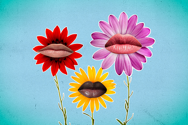 Three flowers stand against a blue background with a pair of lips in the center of each one.