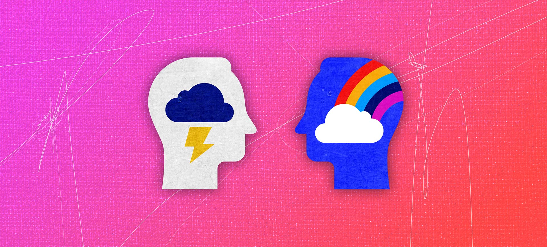 A head with a lightening bolt and cloud inside of it faces another head with a rainbow inside of it.