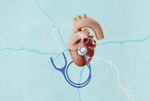 human heart with a stethoscope producing lightning on a light blue background