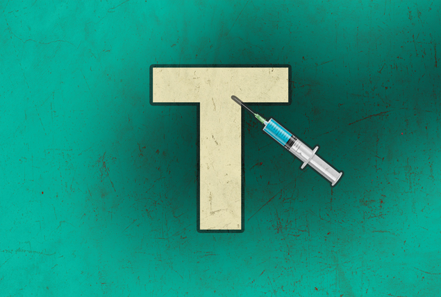 a yellow T on a green background is injected with a blue syringe
