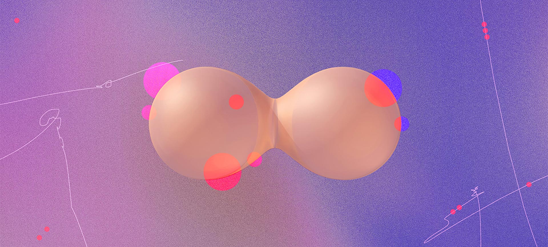 two pink orbs with bright red dots on a pink and purple marbled background