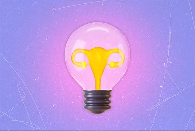 a glowing uterus in a light bulb on a purple background