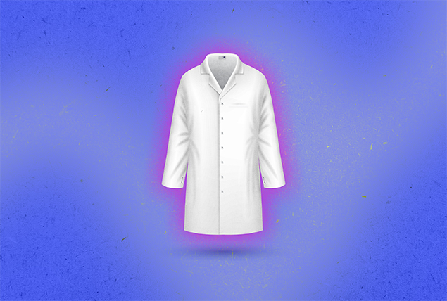 white doctors coat with a pink halo around it on a periwinkle background