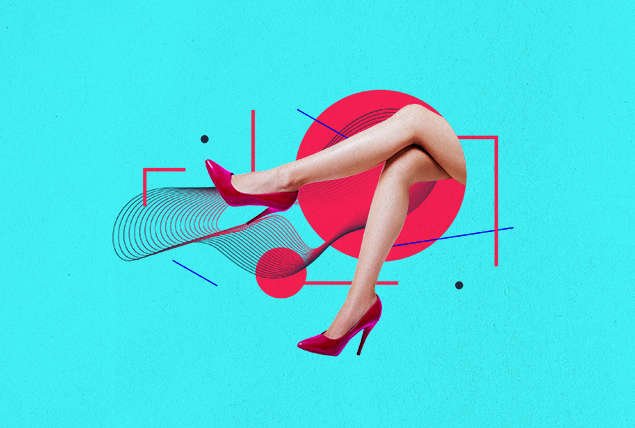 pair of legs with red pumps coming out of a circle on a mid-century modern blue and red backtground