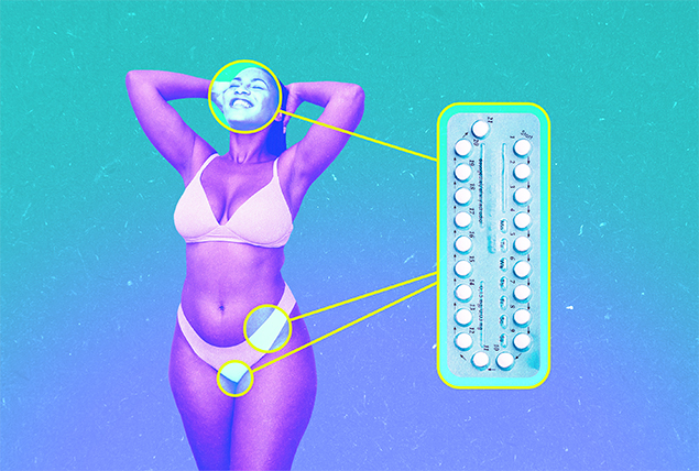 a woman in a bikini smiles as points of her body are pointed out next to a birth control package