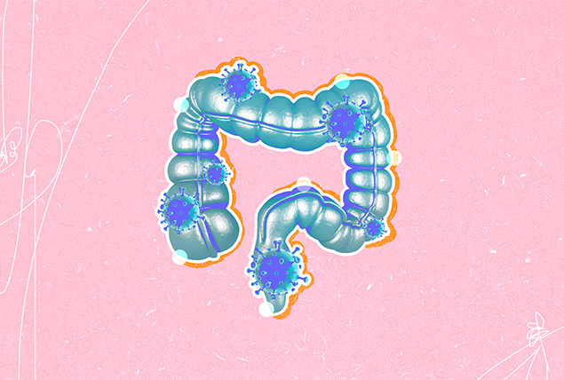 blue large intestine with green spiky shapes on a pink background