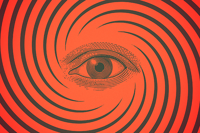 An eye sits in the center of swirling lines against an orange background.