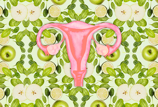 pink uterus illustration on a green floral  background