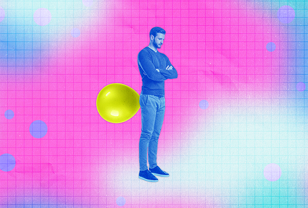 A blue man has a yellow bubble behind him as he stands against a pink and white cloudy background.
