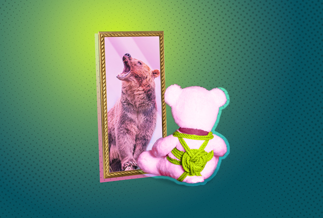 a pink teddy bear wrapped in green rope looks at a mirror with a reflection of a grizzly bear on a green background