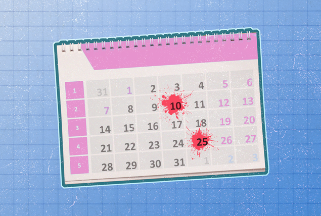 pink and white calendar with red splats on two dates on a periwinkle background