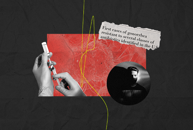 hands extract liquid from a bottle with a syringe, a clipping from a newspaper reads 'first cases of gonorrhea resistant to several classes of antibiotics' on a red and black background with molecule