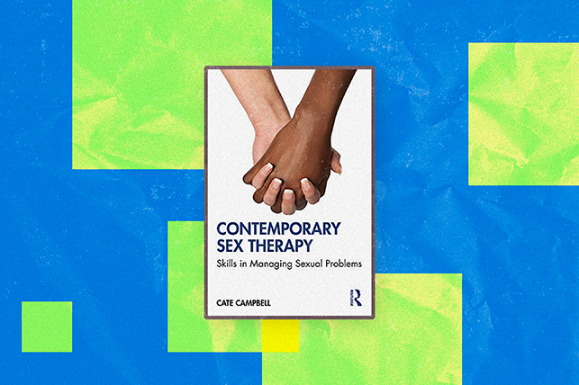 The cover of Contemporary Sex Therapy is overlapping green squares on a blue background. 