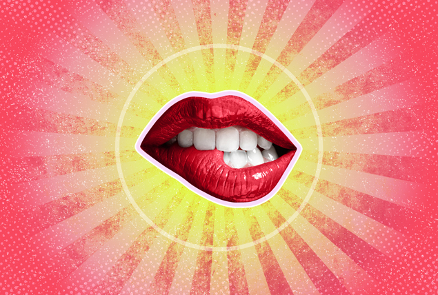 Teeth are biting down onto a pair of red lips against a yellow sunburst and a pink background.