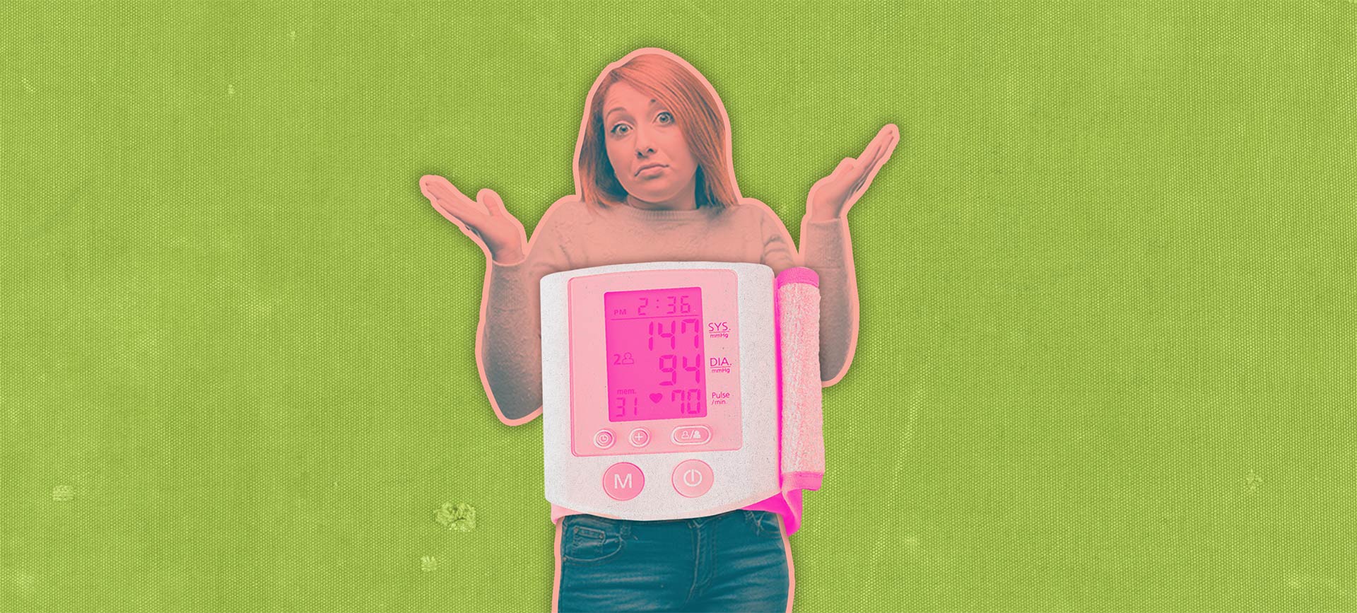 woman holds arms up in confusion behind a heart monitor on a green background