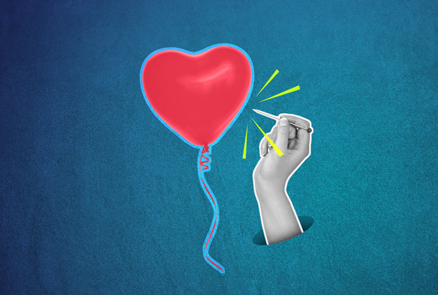 A hand holds a needle that is about to pop a heart-shaped balloon.