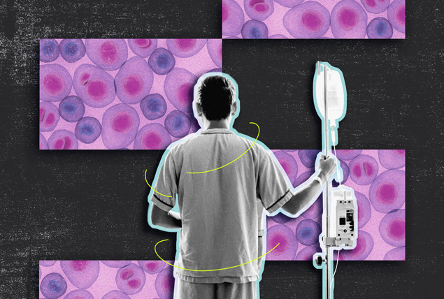 man stand with iv drip on a background of pink cross-sections of cancer cells