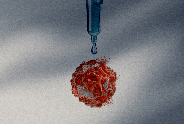 red virus molecule dissolving under pipette with blue liquid 