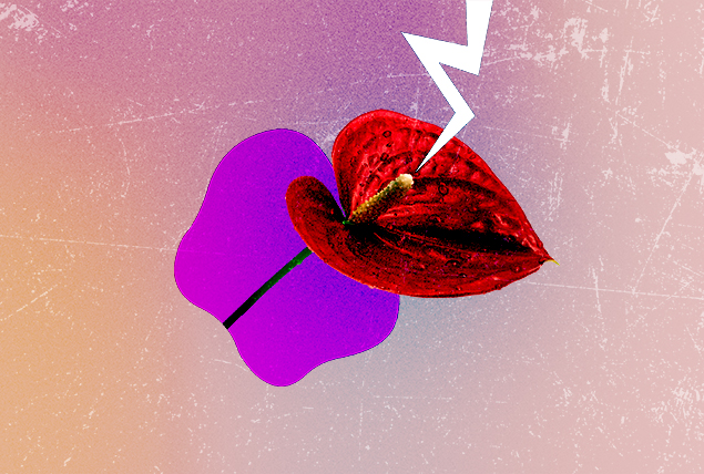 red flower coming out of a purple shape with lightning bolt striking the stamen