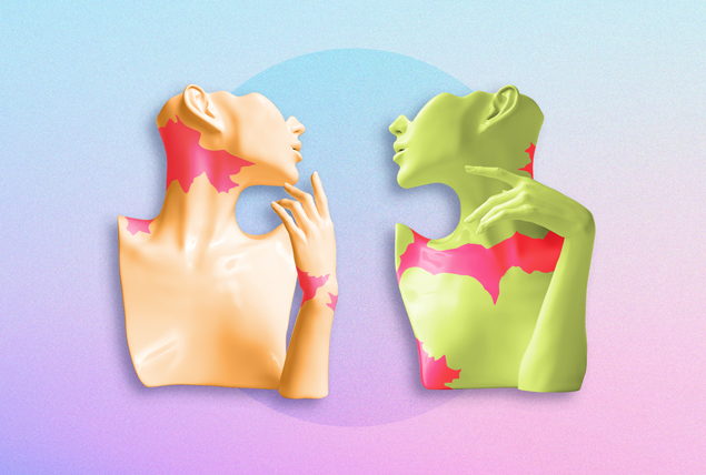 orange and green busts with red splotches face each other on a pink and blue background