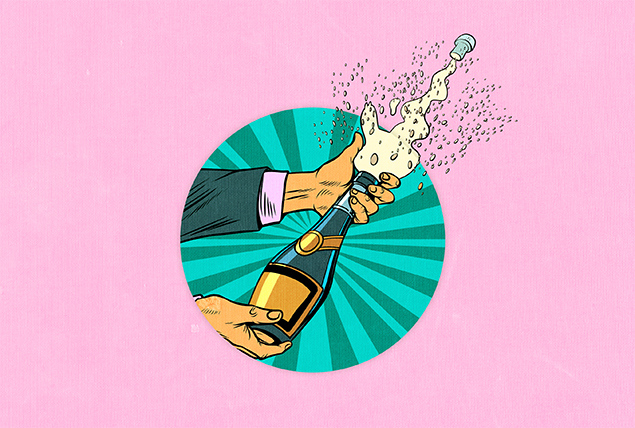 A champagne bottle explodes as a person pops it open in the middle of a pink background.