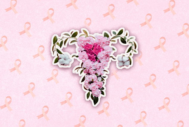 flowers in the shape of a female reproductive system on a pink ribbon background