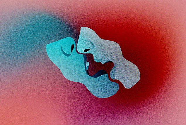 outline of white and blue mouths kissing on a red marbled back ground