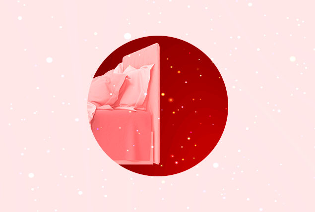 top of red tinted bed with snow falling in red circle on pink background