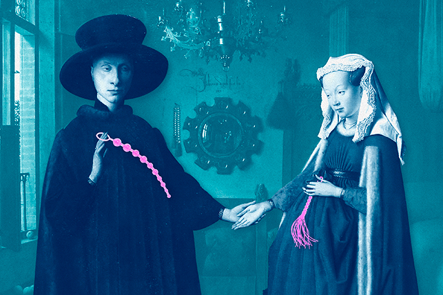 An old painting shows two women holding different sex toys.