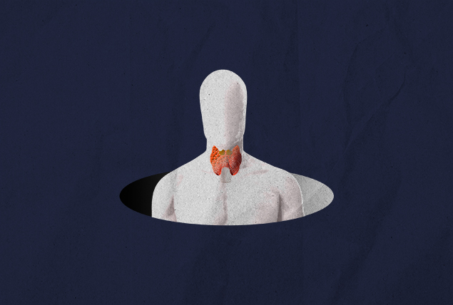 white faceless person with exposed thyroid glands on navy background 