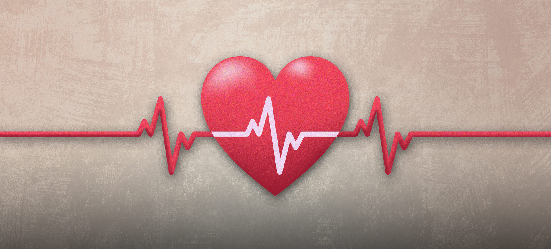 A heart pulse line runs through a red heart against a tan background.