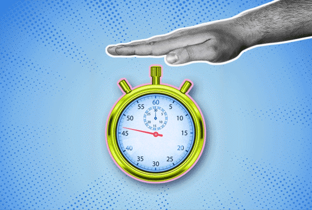 hand taps top of a yellow stopwatch on light blue background