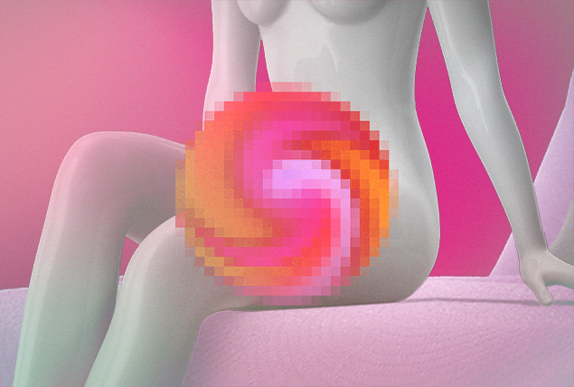 orange and pink swirled circle on pelvic region of a woman sitting on a pink bed