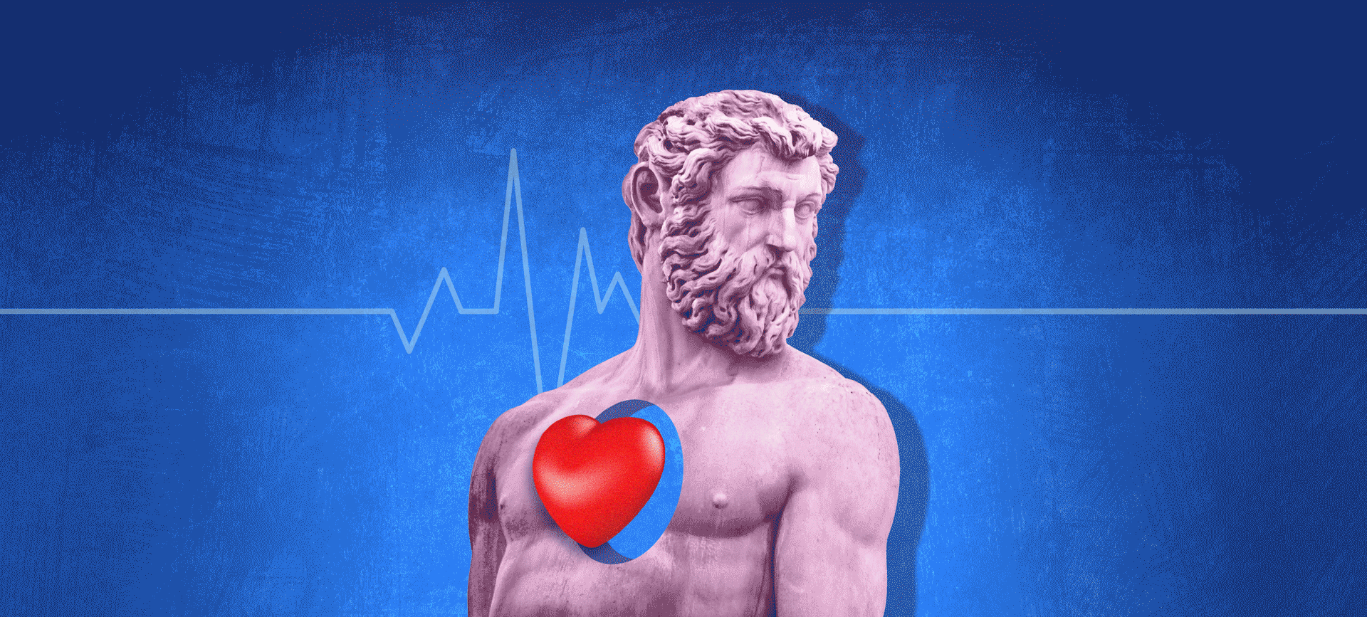 pink greek statue with red beating heart with blue background with heartbeat 