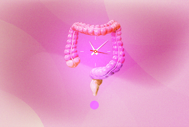 pink digestive system with clock face in the middle of a pink background