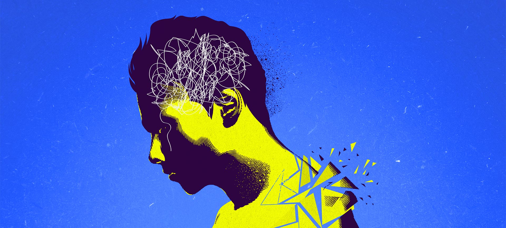 yellow man shattering with white scribbles on his head on a blue background