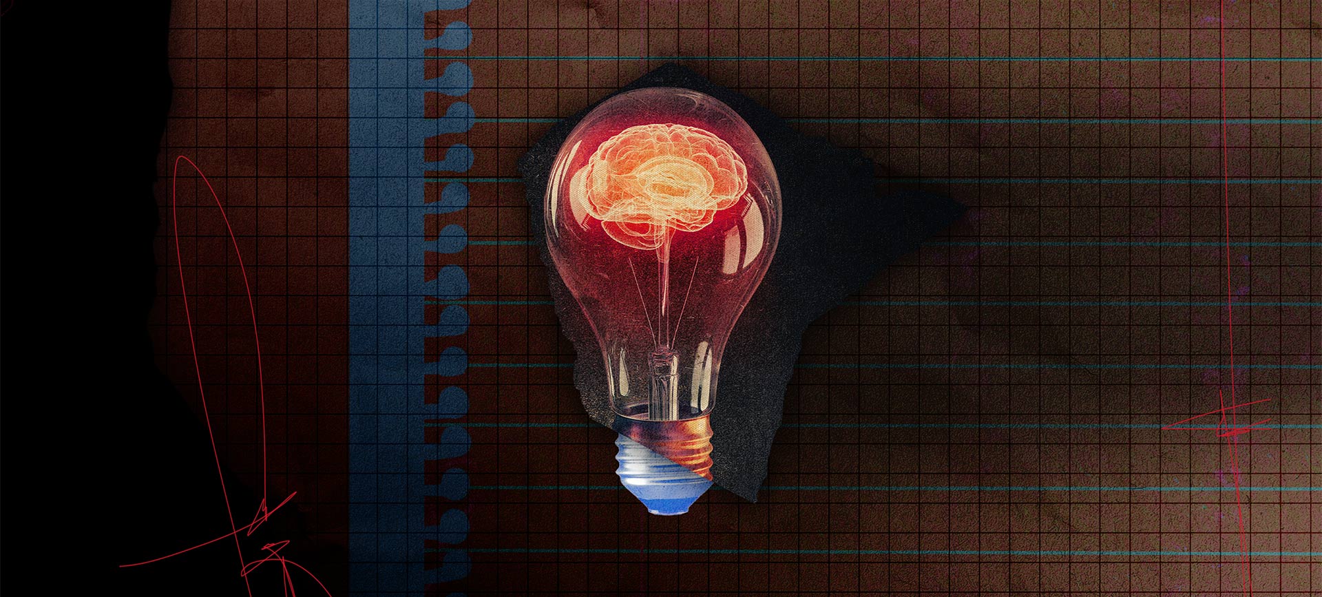 A layered collage shows a lightbulb with the wires inside forming a brain.