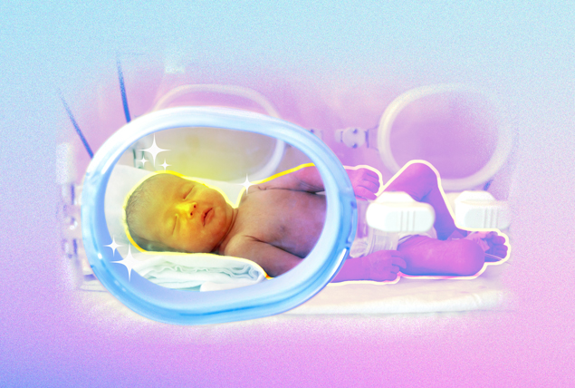 baby sleeps in incubator with face framed by window with sparkles on blue and pink background