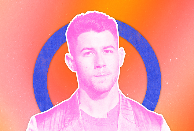 Nick Jonas with pint tint on marbled orange background with purple circle halo