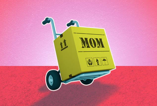 yellow moving box labeled 'MOM' on a dolly on a red and pink background