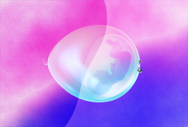 fetus silhouette inside clear inflated balloon with piercing on front on marbled pink and blue background