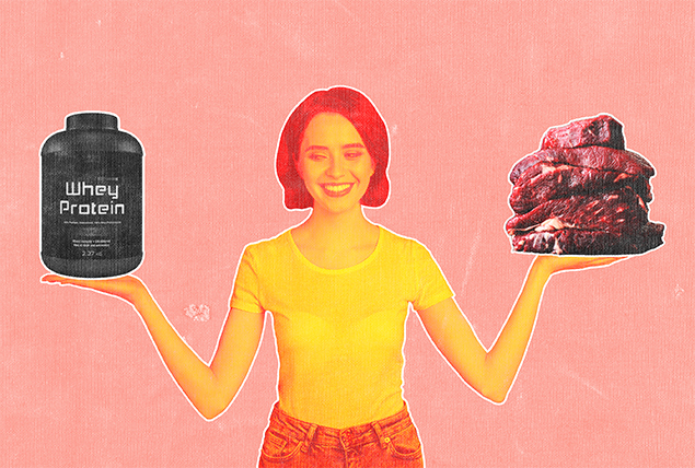 A woman holds her hands up to her shoulders with whey protein in one and red meat in the other.