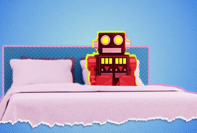 red square robot sits up in pink bed on blue background