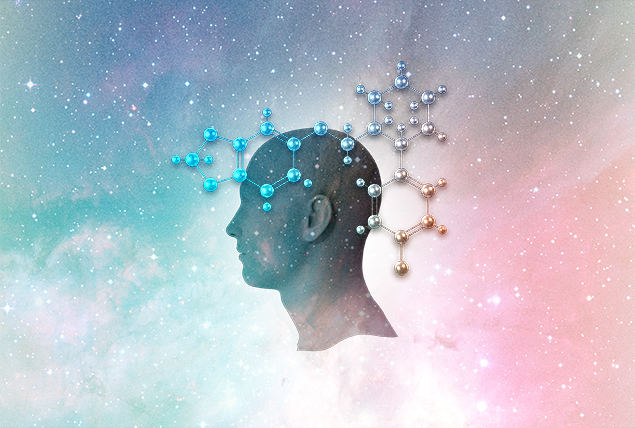 sideview of head with serotonin molecule on pink and blue cloud background
