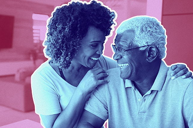 A senior couple overlayed in blue looks at each other smiling against a pink background.