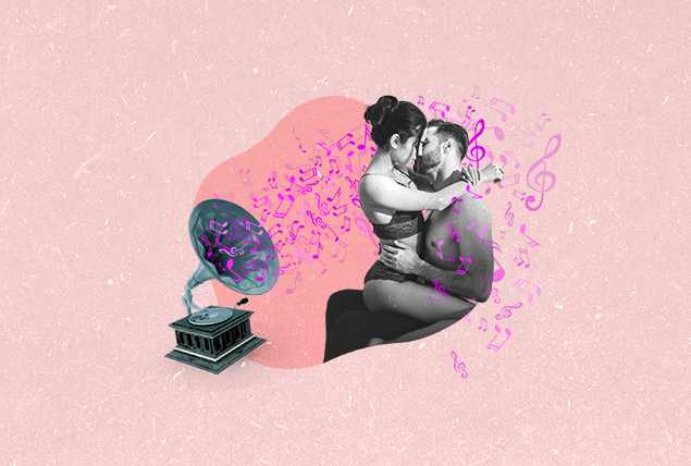 phonograph produces hit pink music notes that swirl around a woman on the lap of a man as they kiss on a pink background