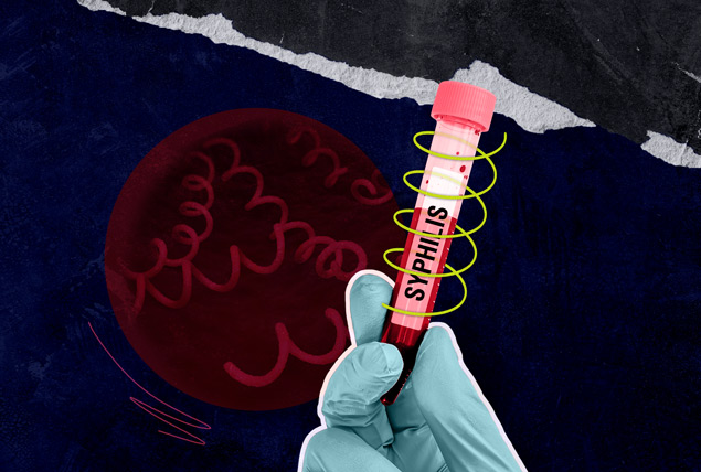 test tube labeled syphilis held in gloved hand with red molecules on navy background