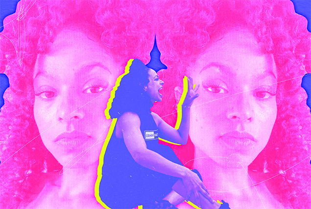 Tineice Divya Johnson with a blue tint talks with her hand up while on a background of her face twice with a pink tint